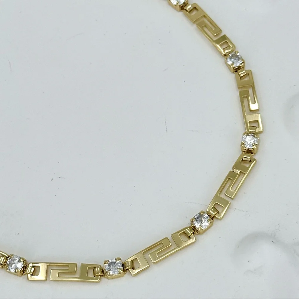 14k Gold Plated Greek Key Meander Bracelet with Cubic Zirconia Stones